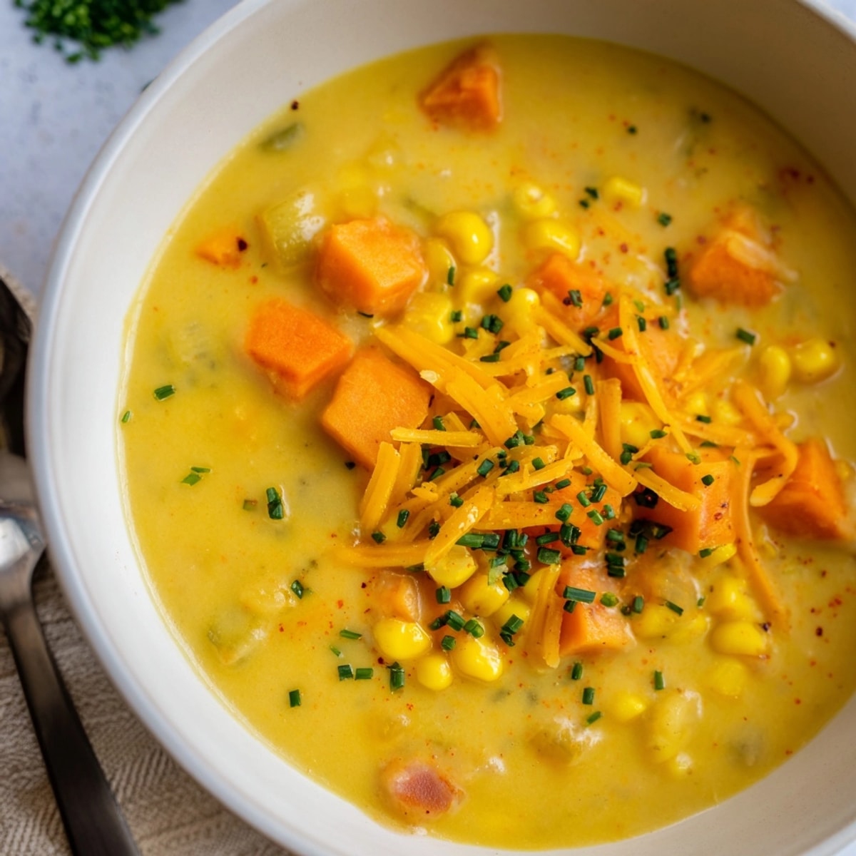 Creamy Sweet Potato Corn Chowder: a textured, hearty dish with vibrant orange hues.