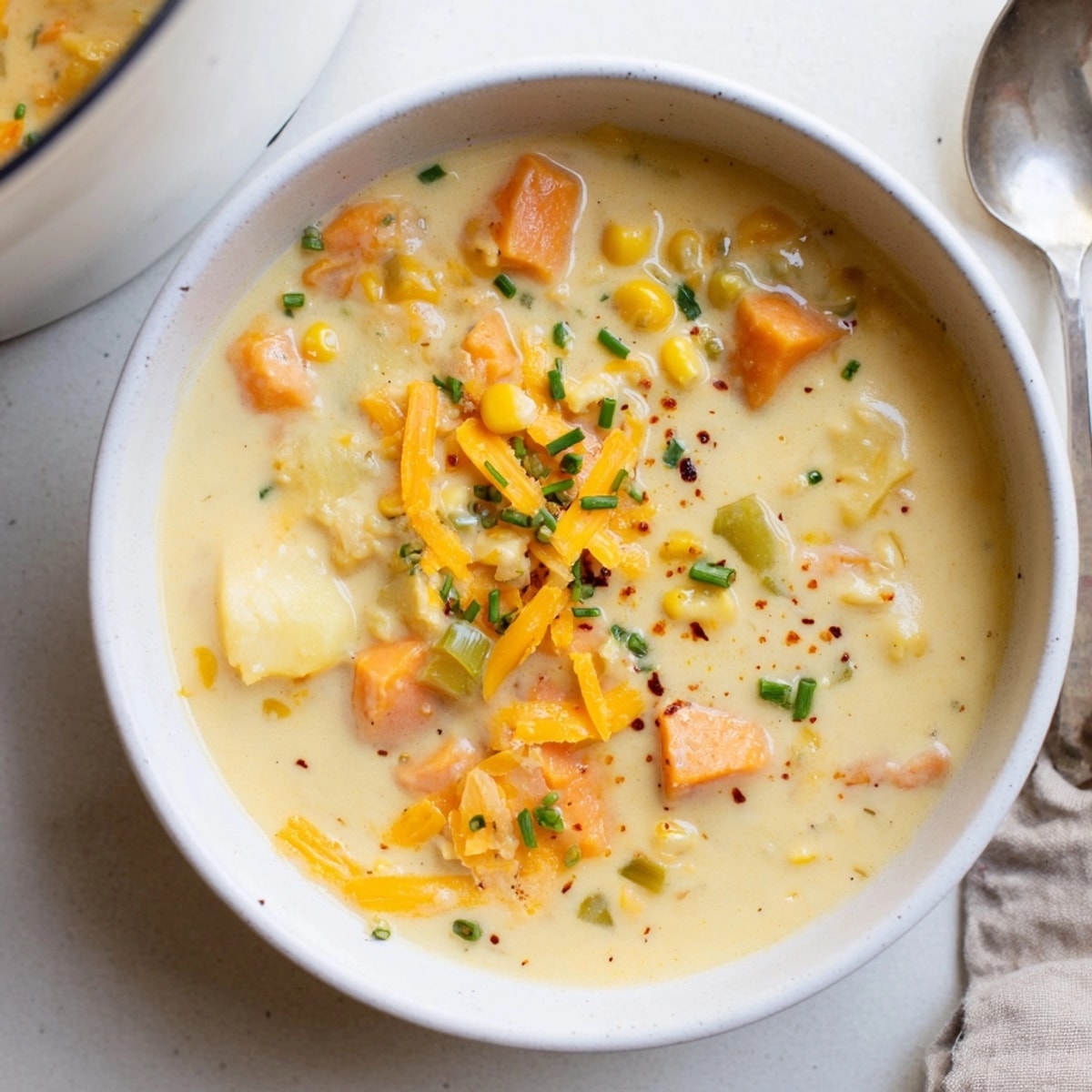 Close-up shot of warm Sweet Potato Corn Chowder, garnished with fresh green chives.