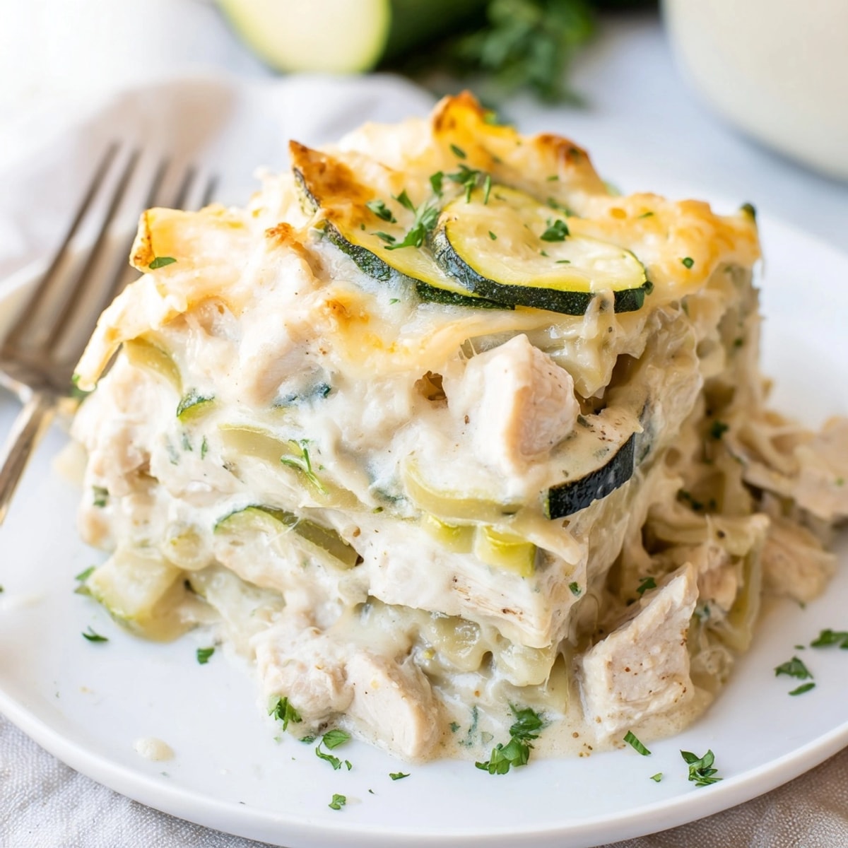Cheesy Alfredo Chicken Zucchini Casserole: golden bubbly topping and creamy, satisfying layers.