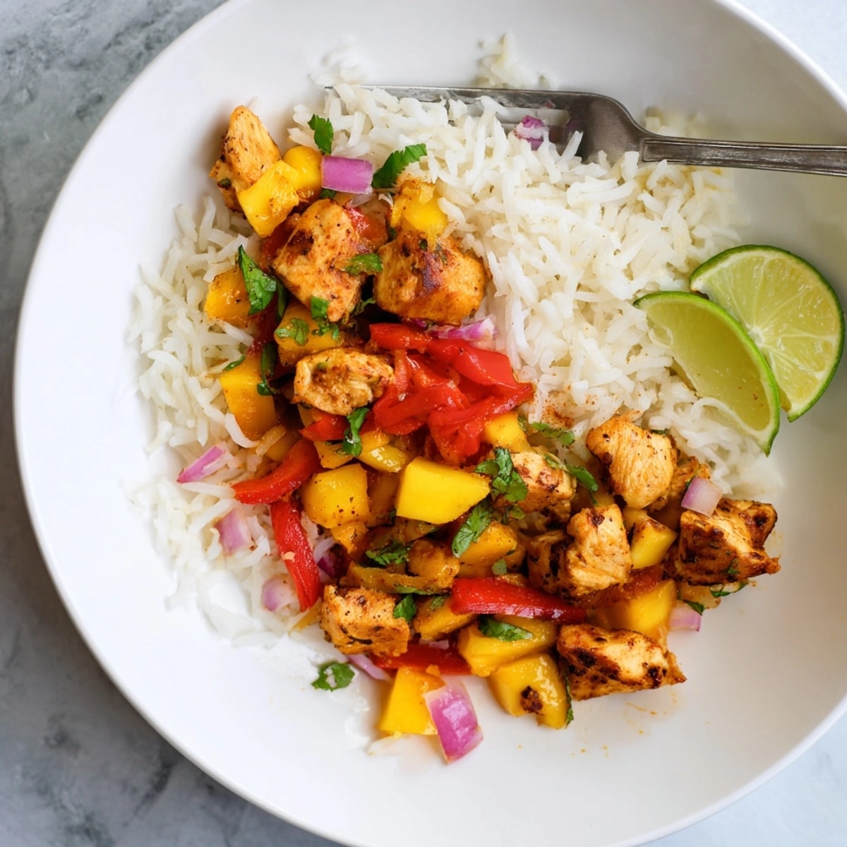 Close-up shot of Mango Cilantro Chicken Rice: tropical flavors burst in vibrant colors.