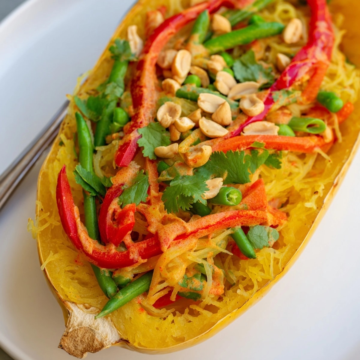 Golden Thai Peanut Spaghetti Squash Boats, fresh herbs and chopped peanuts sprinkled on top.