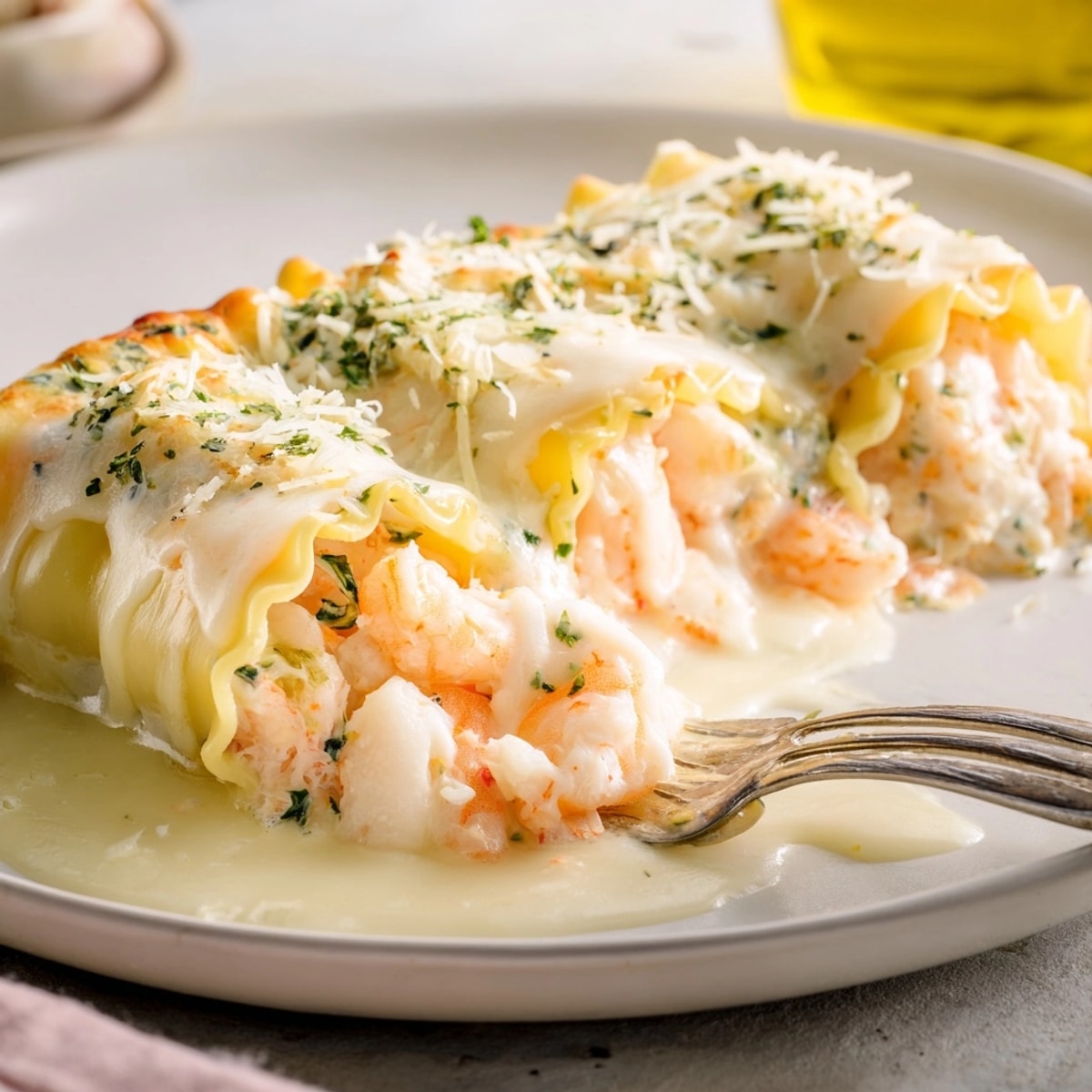 Golden baked Shrimp Alfredo Lasagna Rolls bubbling in creamy sauce, ready to eat.