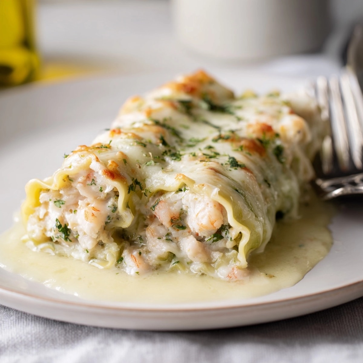 Making homemade luscious Shrimp Alfredo Lasagna Rolls, a cheesy seafood pasta dish.