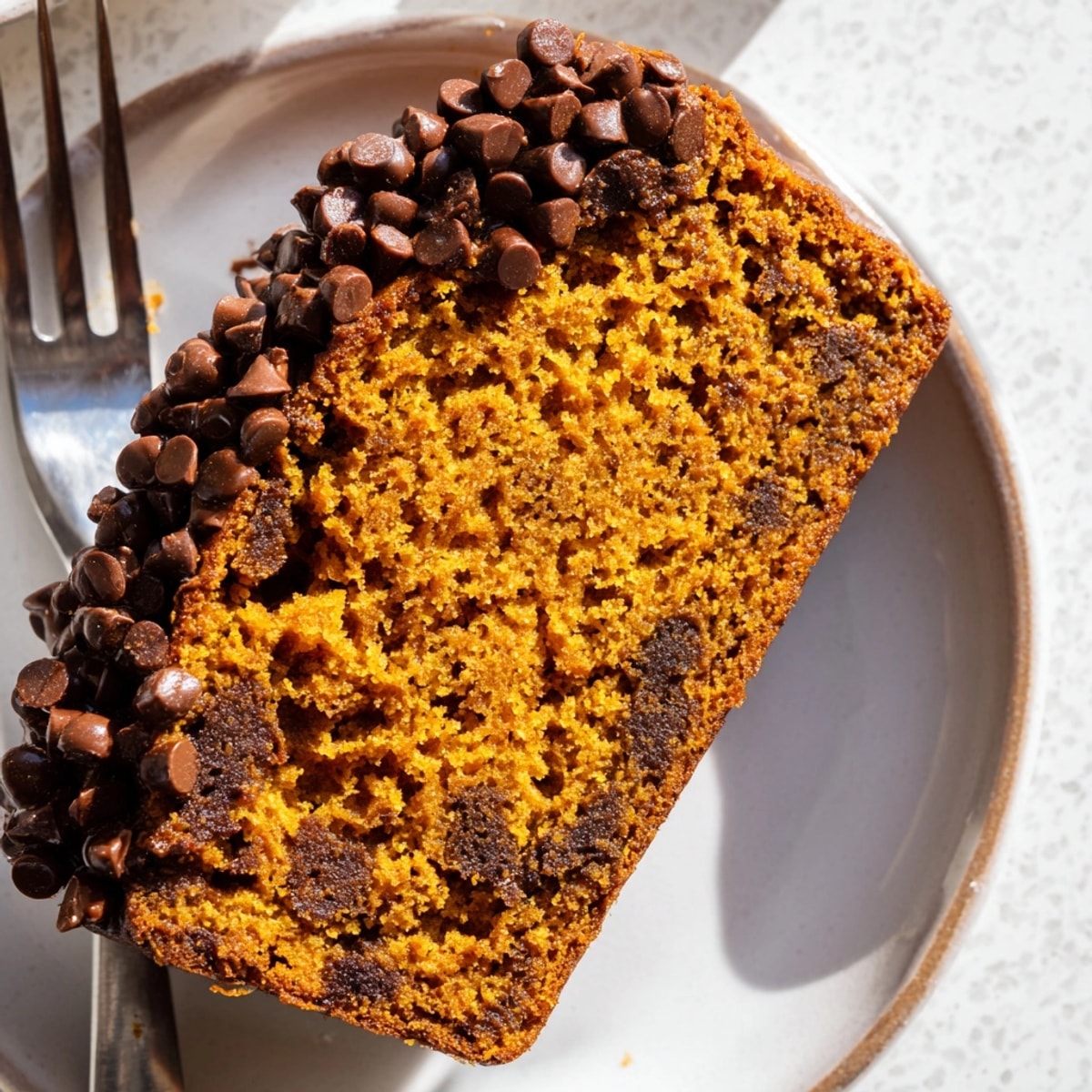 Warm, spiced Protein Pumpkin Chocolate Chip Loaf cooling on a wire rack after baking.