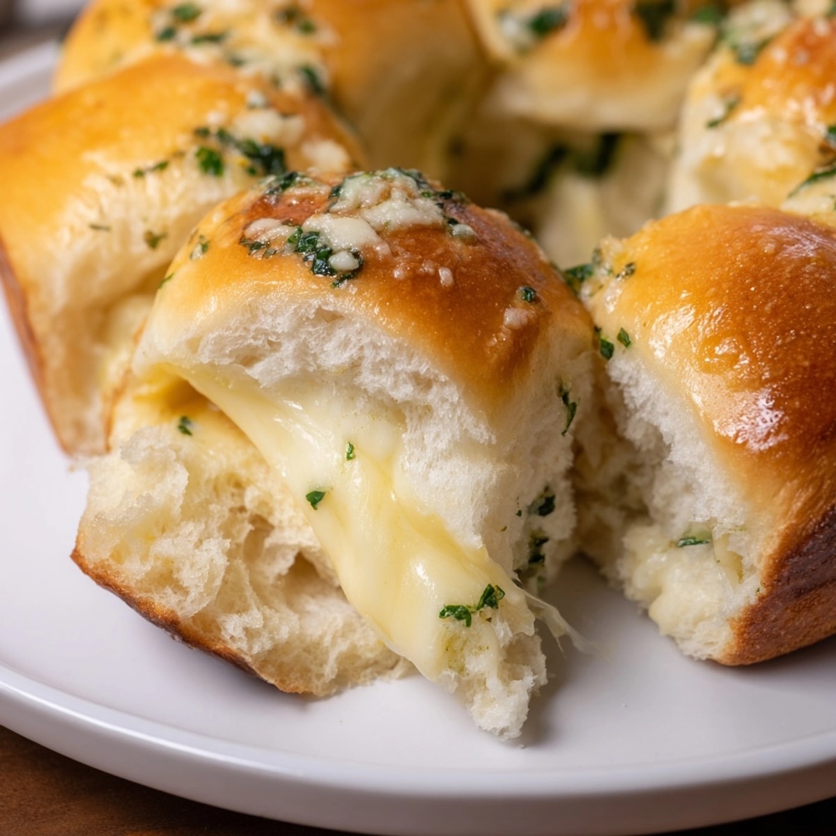 Golden Garlic Butter Stuffed Hawaiian Rolls, bursting with cheese and fragrant garlic, ready to serve.