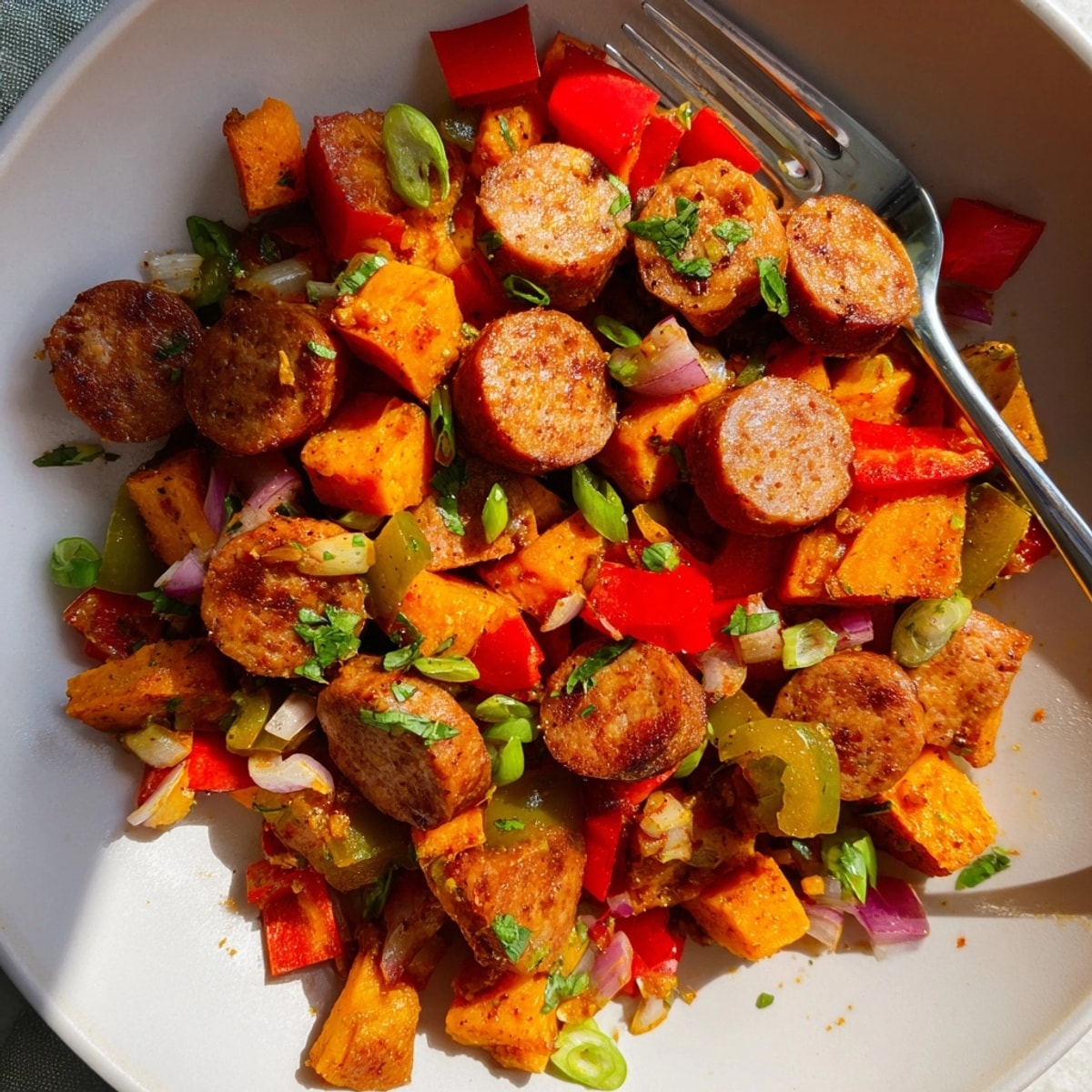 Savory Cajun sausage sweet potato hash cooking in a cast iron skillet.