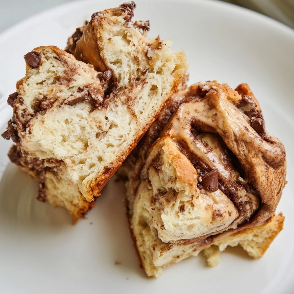 Close-up of a flaky Peanut Butter Chocolate Swirl Scone, showing peanut butter and chocolate.