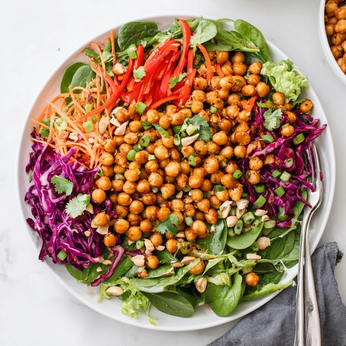 Close-up shows crunchy Thai Peanut Roasted Chickpea Salad with colorful vegetables and creamy dressing.