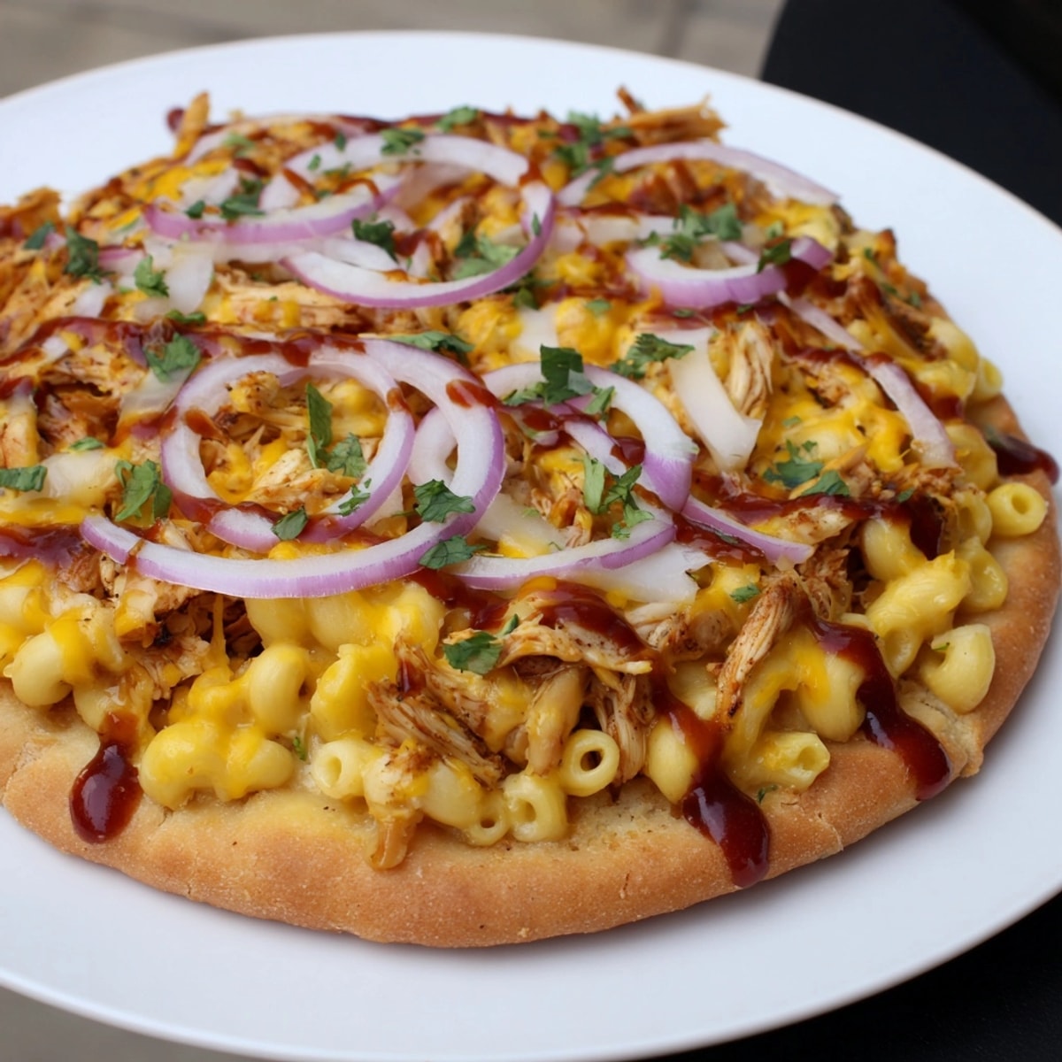 Golden brown Mac and Cheese BBQ Chicken Pizza, oven-baked and topped with cilantro.