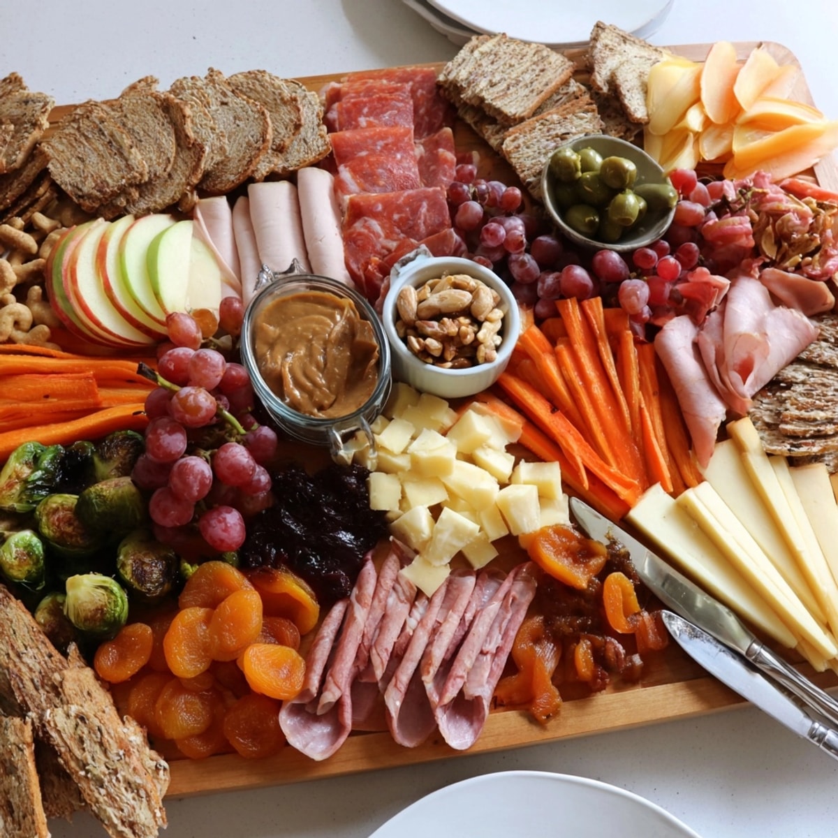 A colorful Loaded Harvest Charcuterie Board features meats, cheeses, fruits, and roasted vegetables.