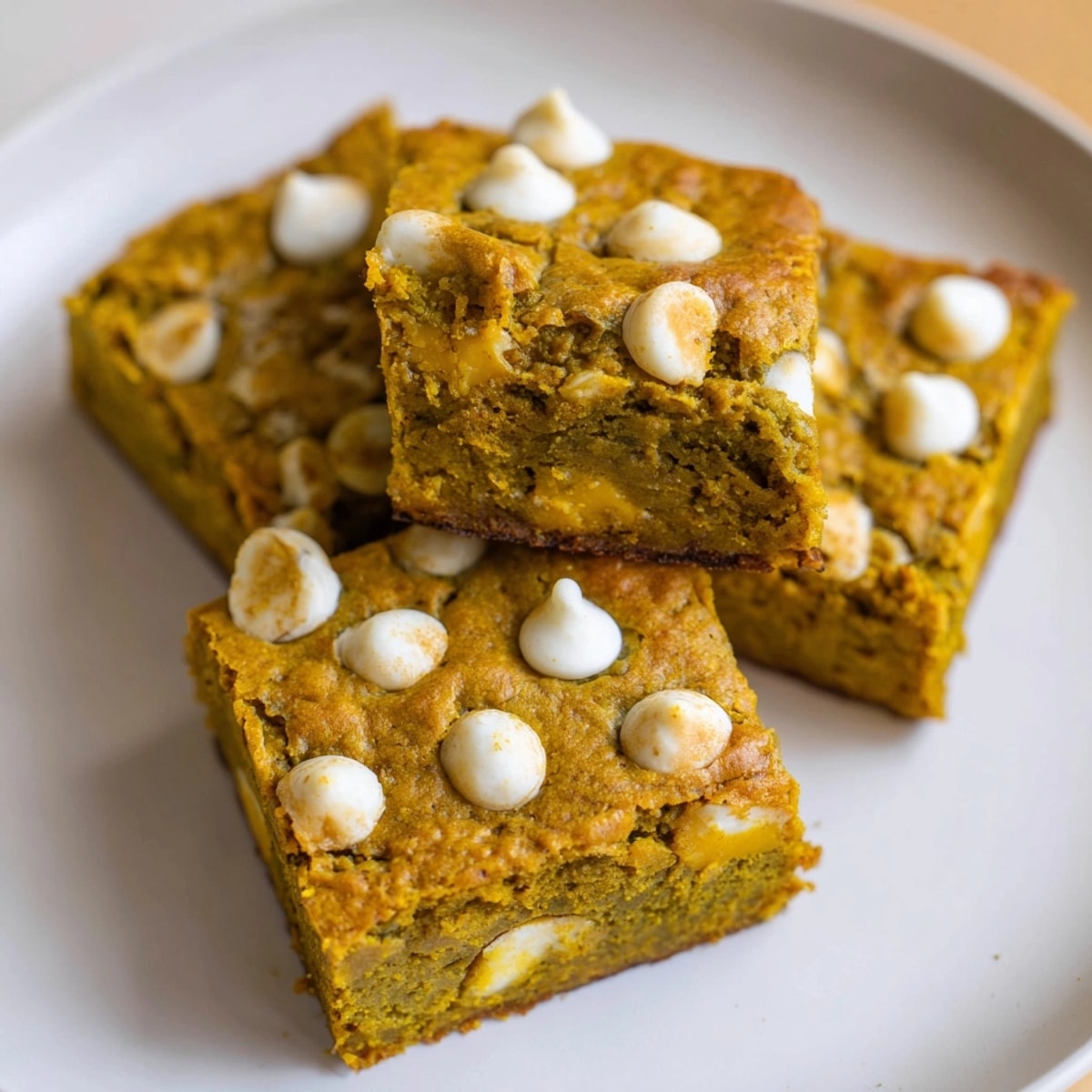 Warm, freshly baked Matcha Pumpkin Muffin Blondies, cooling on a rack, promising sweet spiced goodness.