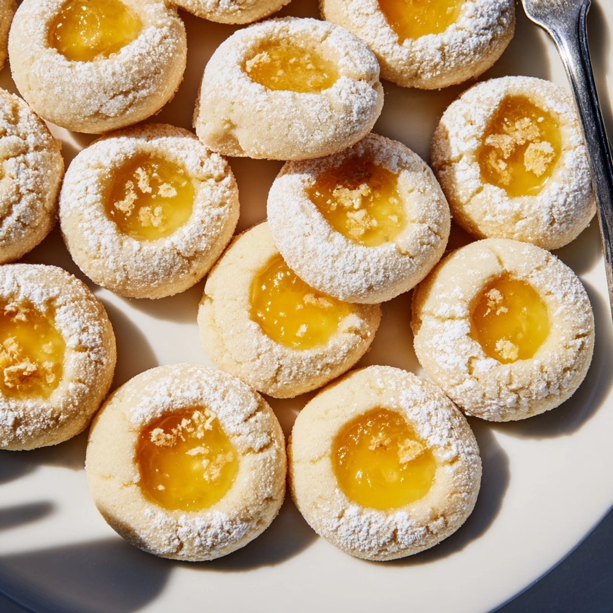 Close-up of Heavenly Hanukkah Citrus Thumbprint Christmas Cookies, dusted with sugar, ready to serve.