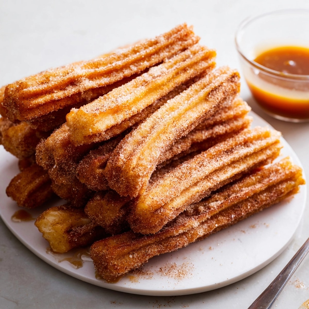 Golden, fried Caramel Spiced Apple Churros, dusted with cinnamon sugar, cooling on a rack.
