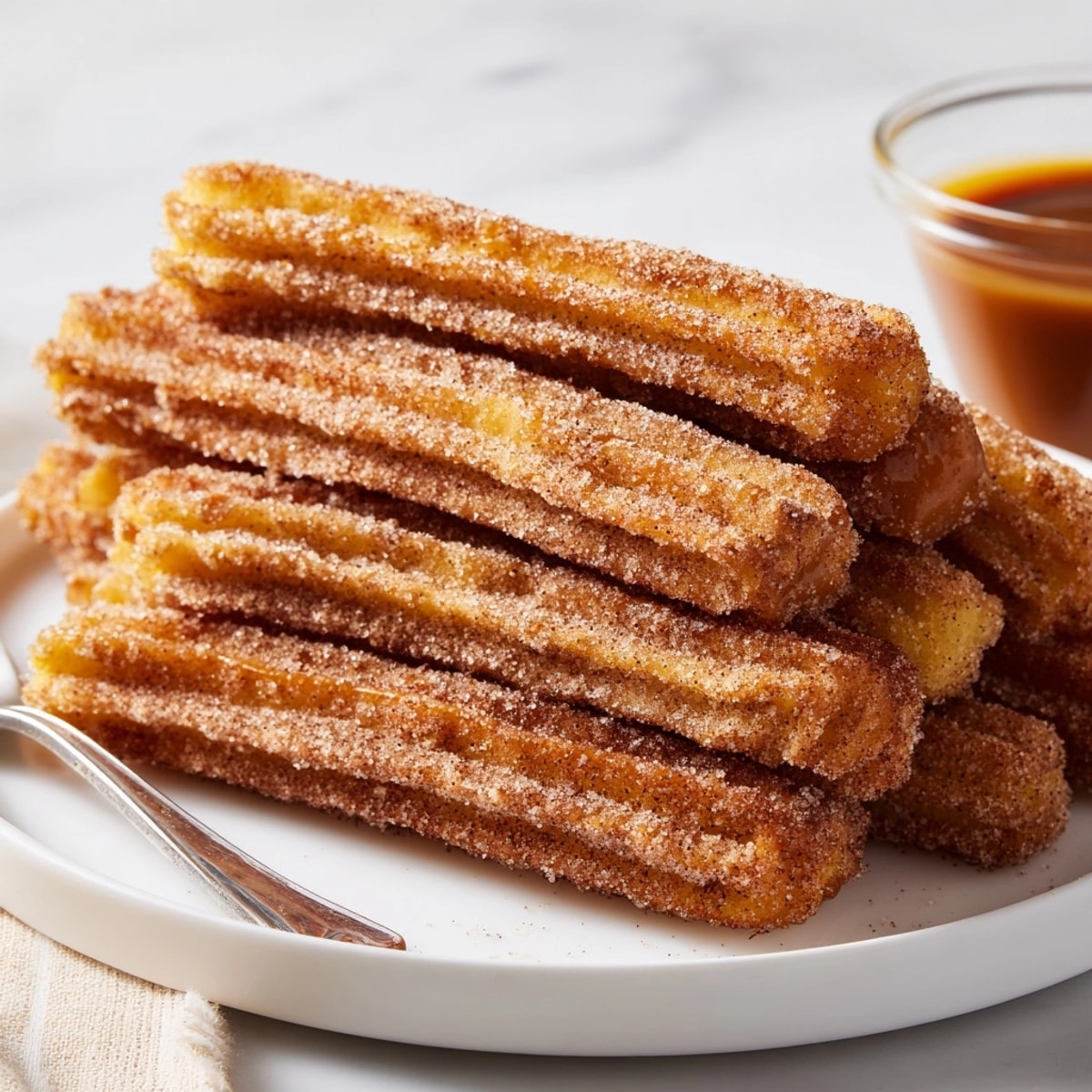 Close-up of fresh, warm Caramel Spiced Apple Churros being dipped in luscious caramel sauce.