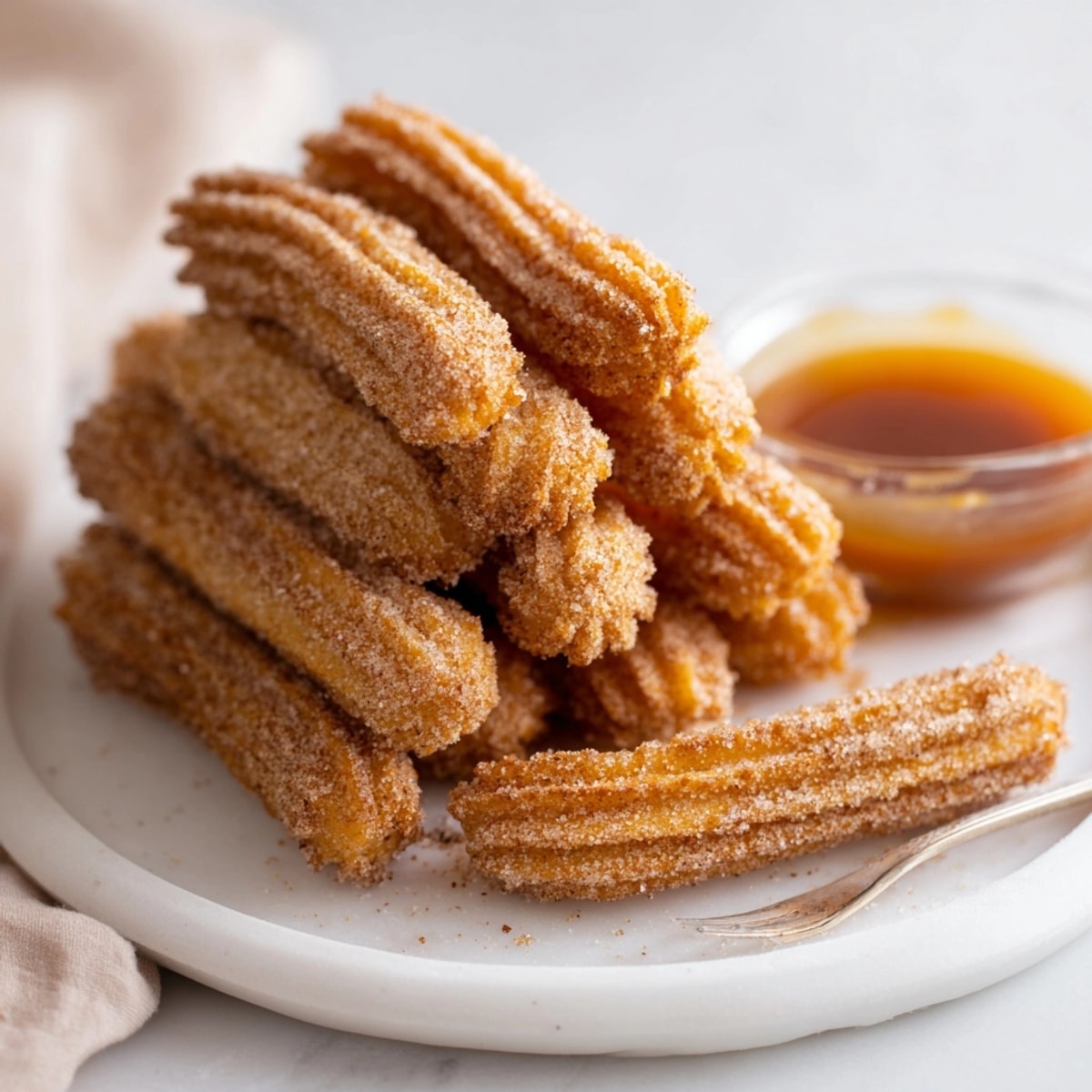Homemade Caramel Spiced Apple Churros recipe: crisp, spiced dough, and rich caramel dip.