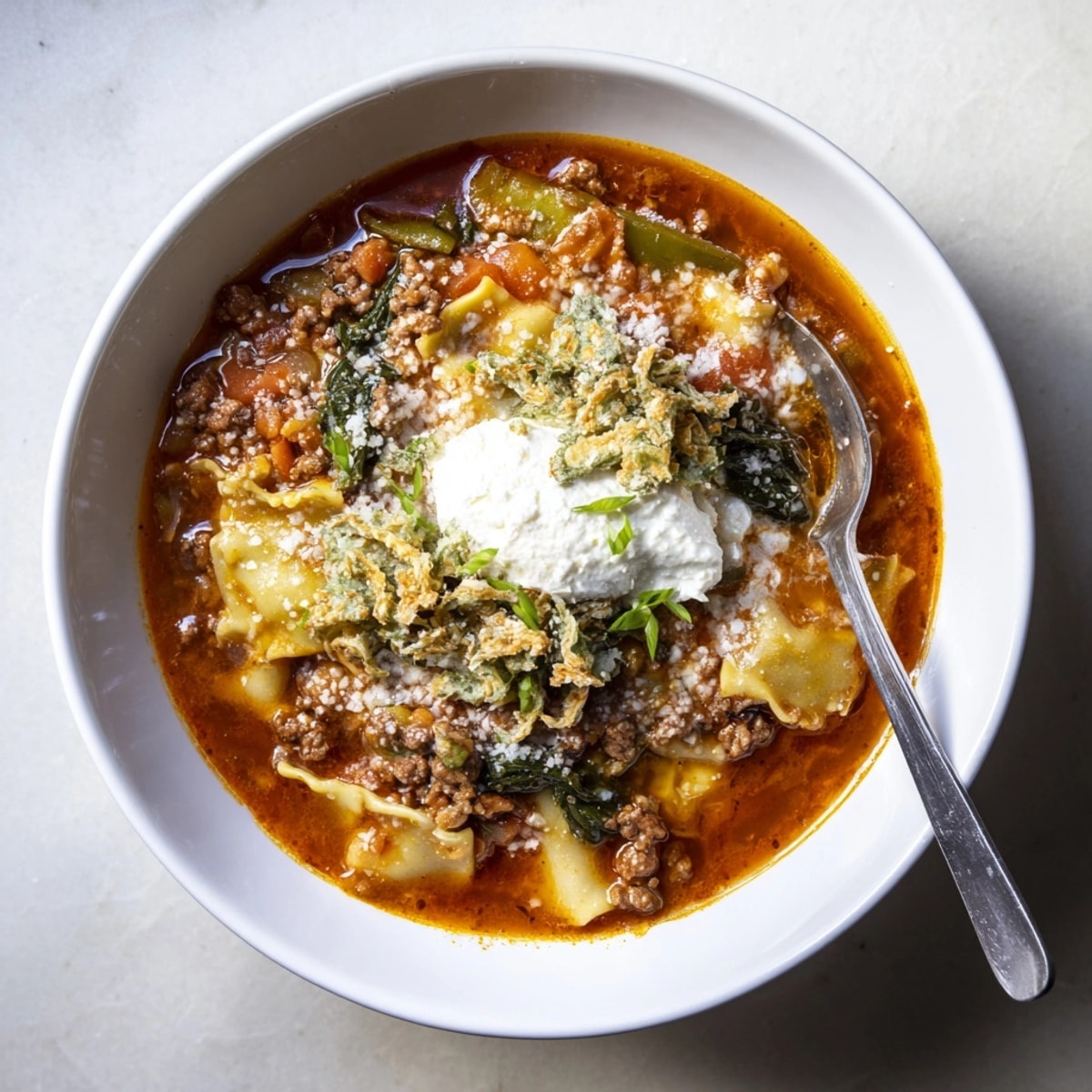 Close-up shows a steaming hot bowl of Lasagne Soup with Kimchi Crunch.
