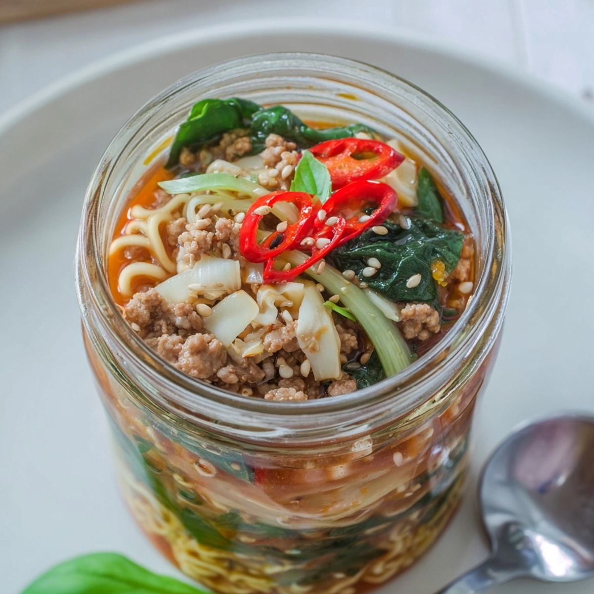 Close-up of a vibrant Spicy Ramen Lasagne Soup Jar, layers revealed against a bright background.