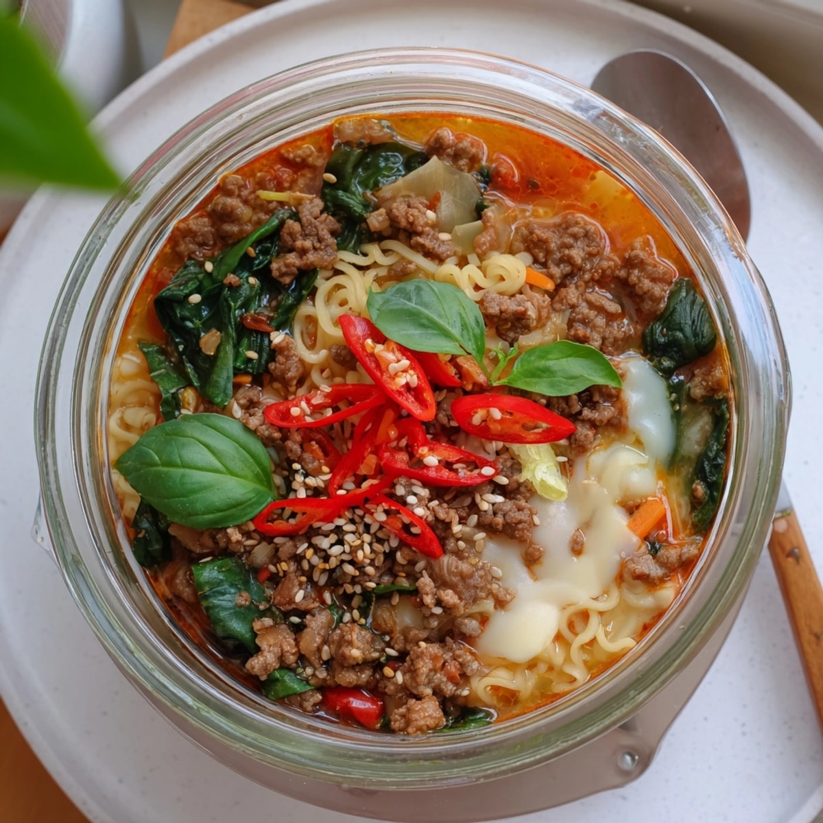 Layered Spicy Ramen Lasagne Soup Jars baking, bubbly cheese and herbs on top.