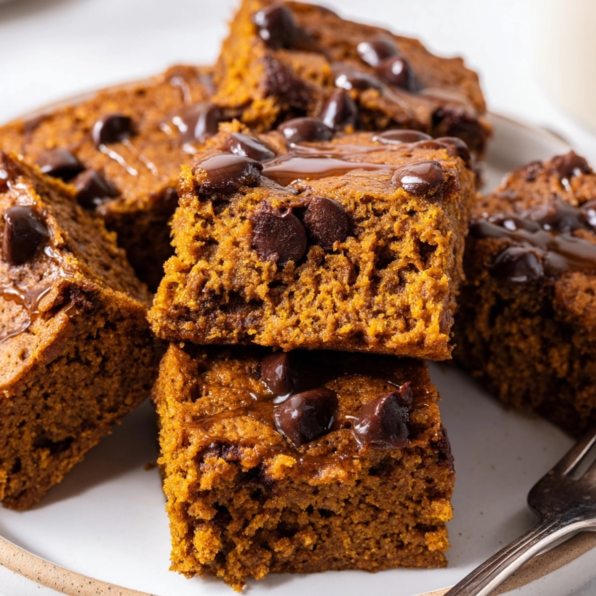 A tray of soft Gingerbread Pumpkin Chocolate Chip Muffin Bars, bursting with rich autumn flavor.