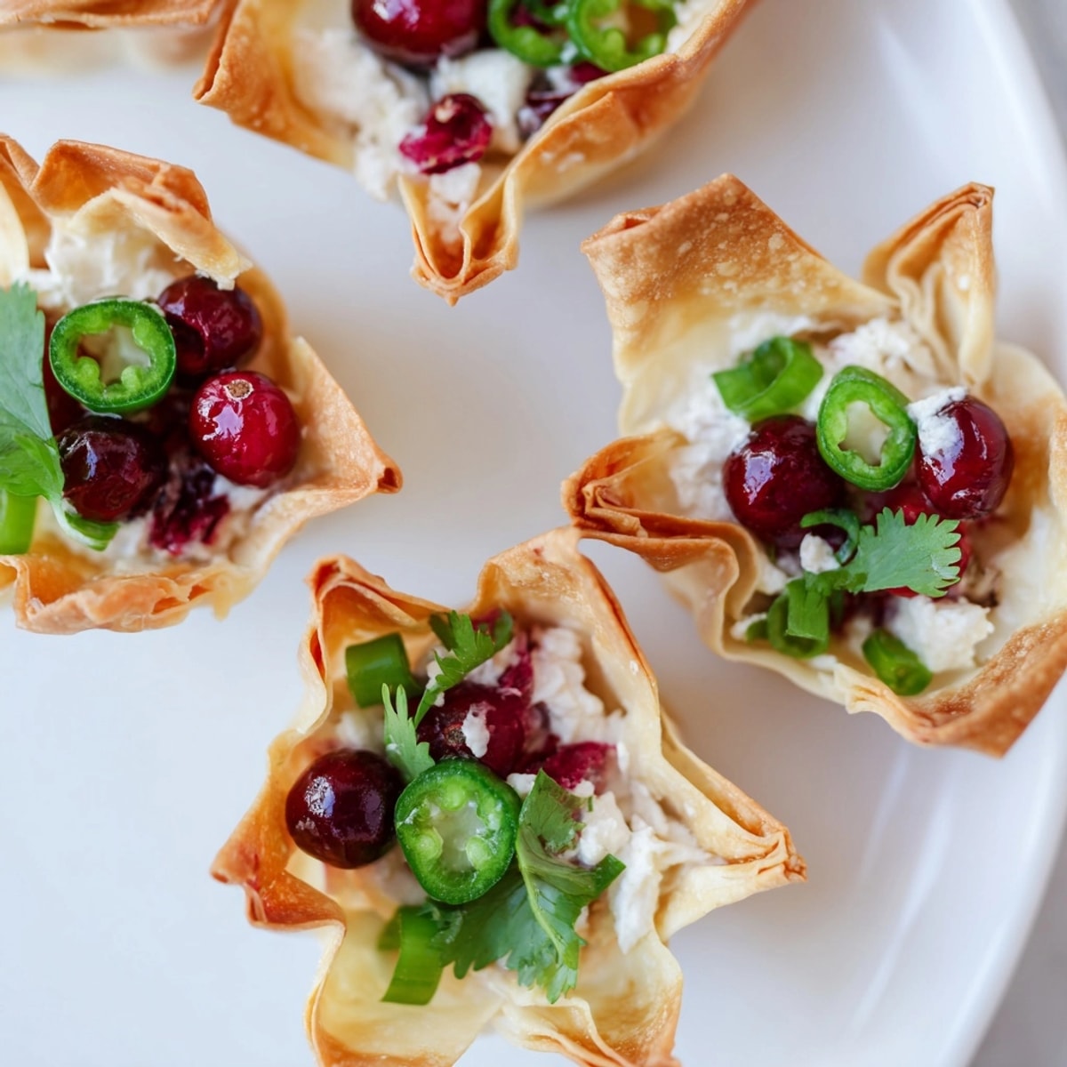 Golden wonton cups filled high with vibrant, fresh cranberry jalapeño dip.