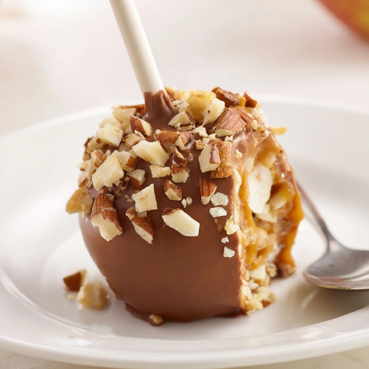 Close-up of homemade Caramel Apple Truffle Pops glistening with caramel and chocolate.