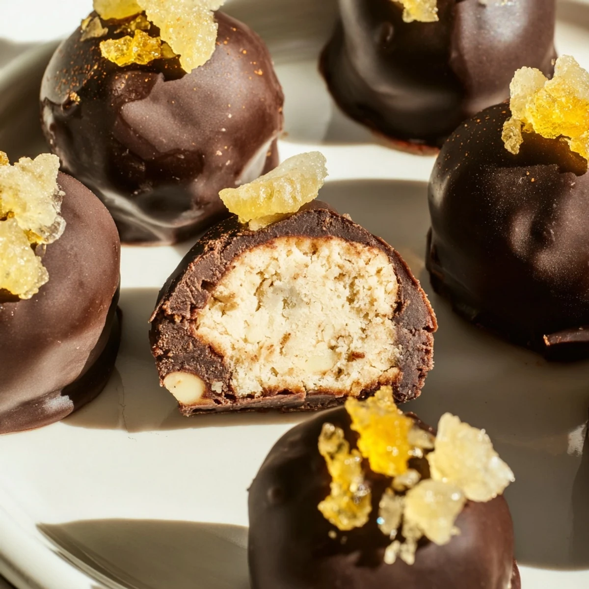 Delicious Cinnamon Ginger Ricotta Truffles coated in dark chocolate for a creamy treat.  
