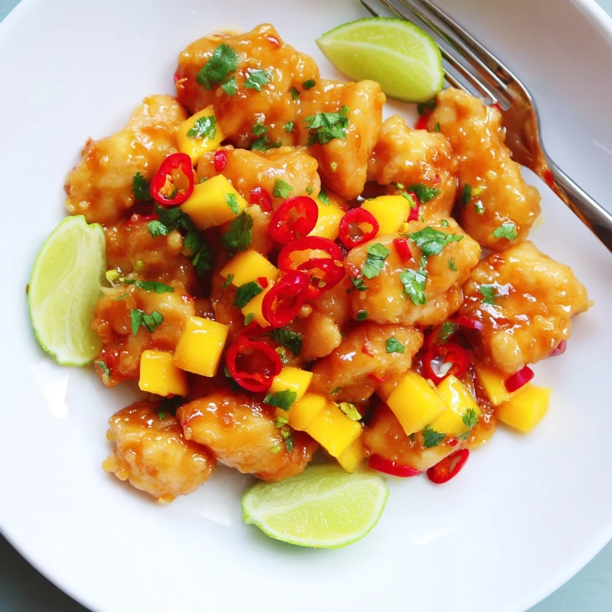 Juicy Mango Chili Garlic Chicken Skillet served with fresh lime wedges and cilantro.  