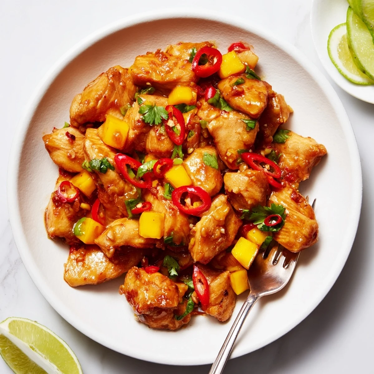 Sizzling Mango Chili Garlic Chicken Skillet with aromatic garlic and tropical flavors bursting through.