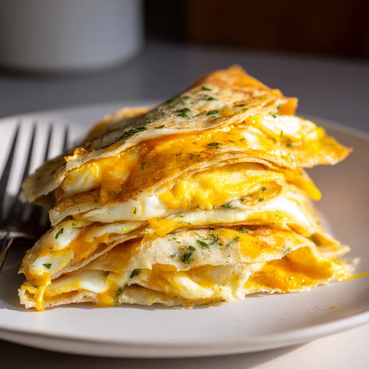 Savory Cheesy Garlic Tortilla Omelette folded with rich cheeses and aromatic garlic notes.
