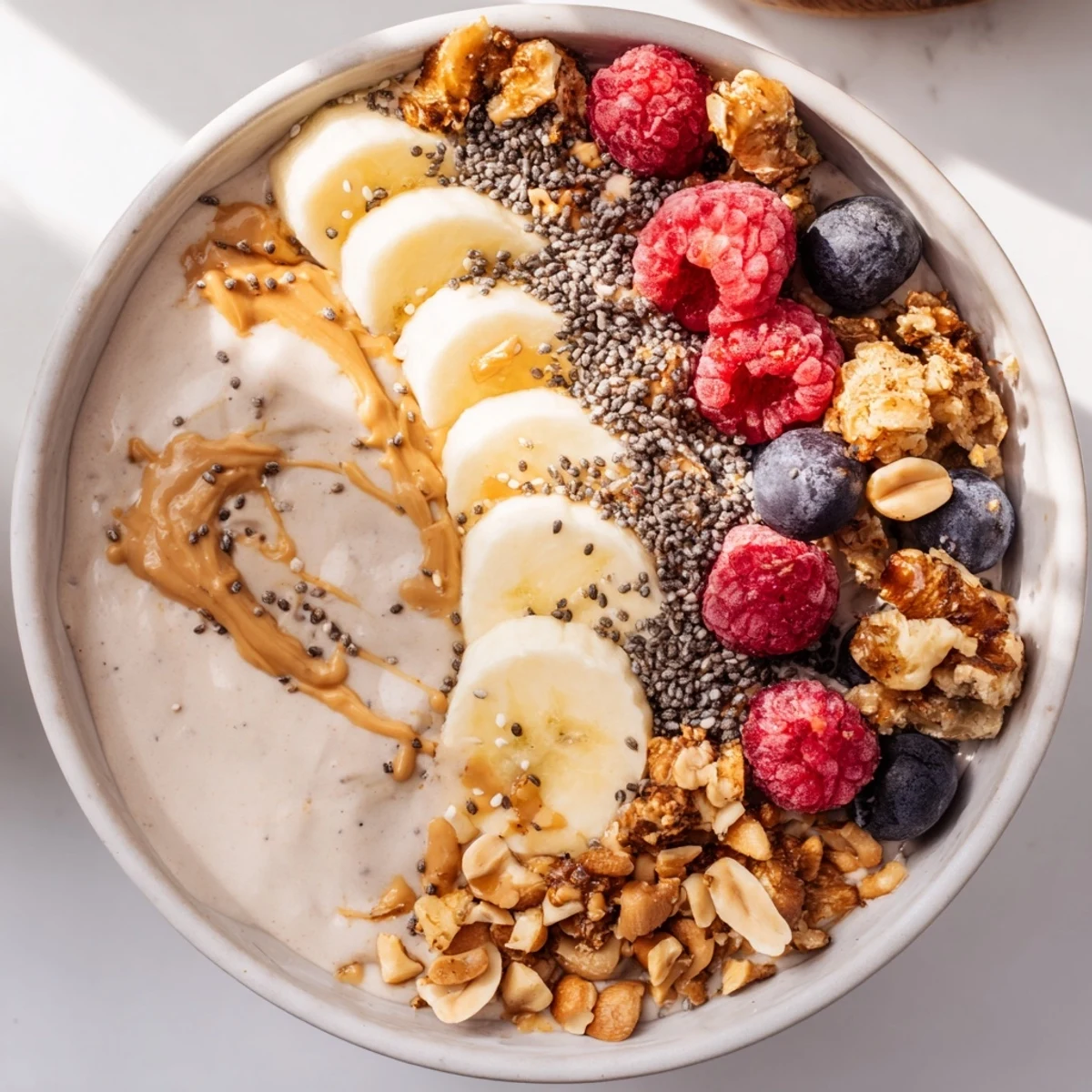 Creamy Protein Peanut Butter Breakfast Bowl topped with fresh banana and mixed berries.  