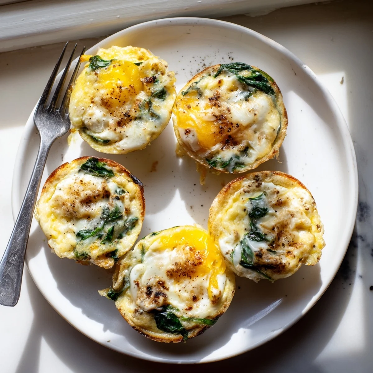 Savory garlic butter spinach egg cups baked to golden perfection for breakfast.  