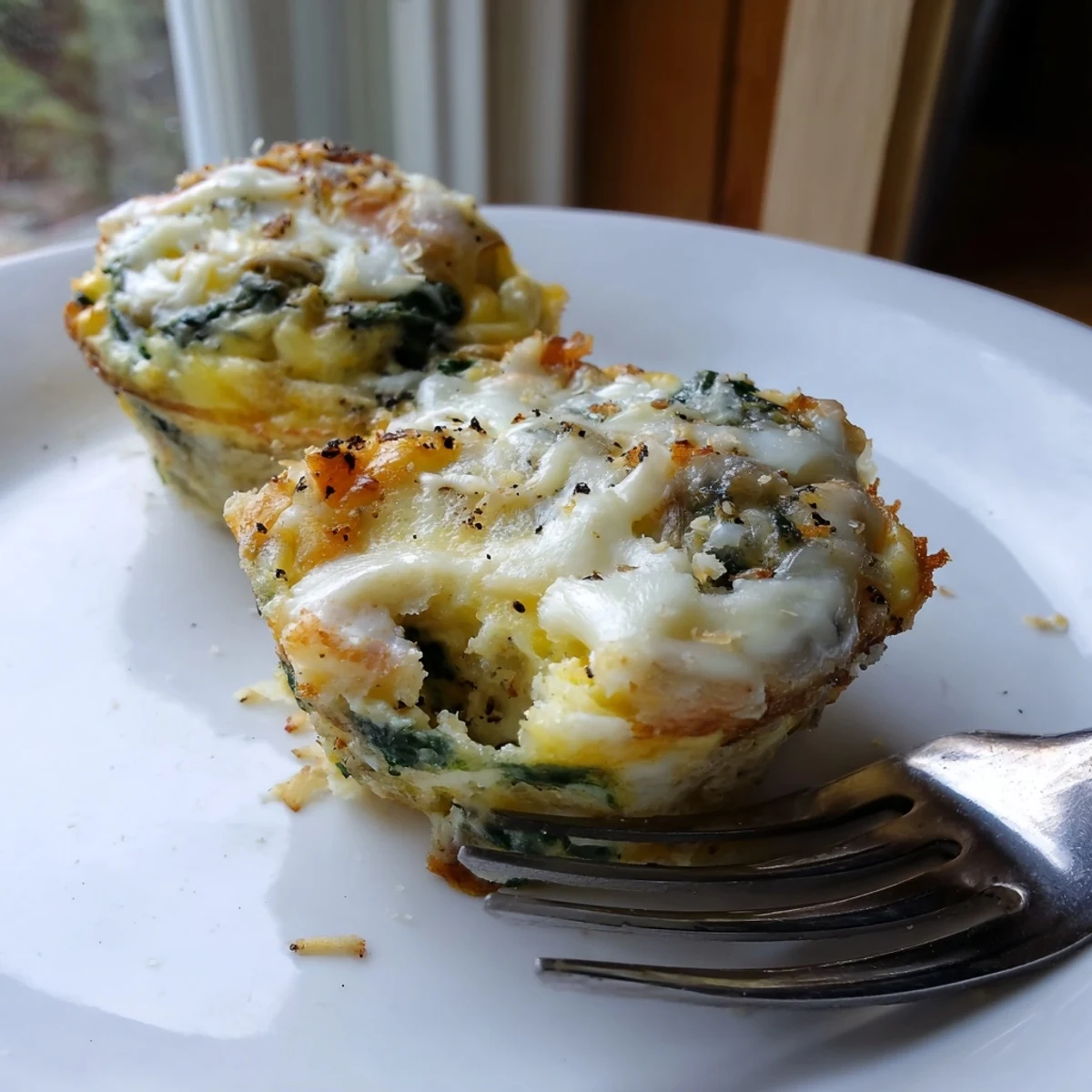 Warm, fluffy garlic butter spinach egg cups garnished with melted mozzarella and Parmesan.