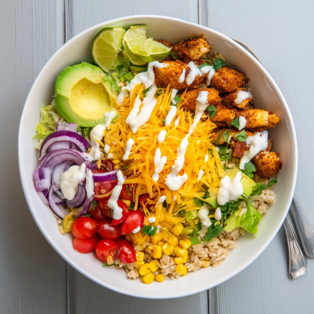 Vibrant Cheesy Cajun Fish Taco Bowls topped with fresh veggies and zesty lime.  