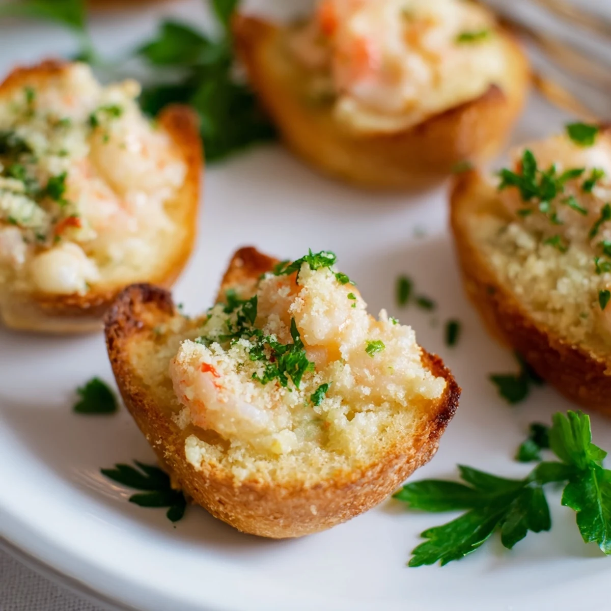 Crispy Shrimp Parmesan Toast Cups topped with parsley, perfect for delightful appetizers.  