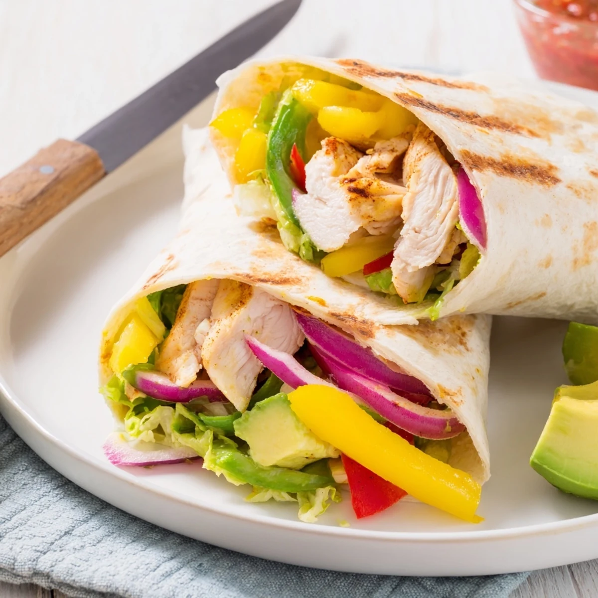 Juicy Mango Avocado Chicken Burritos wrapped in warm tortillas, bursting with fresh flavors.  