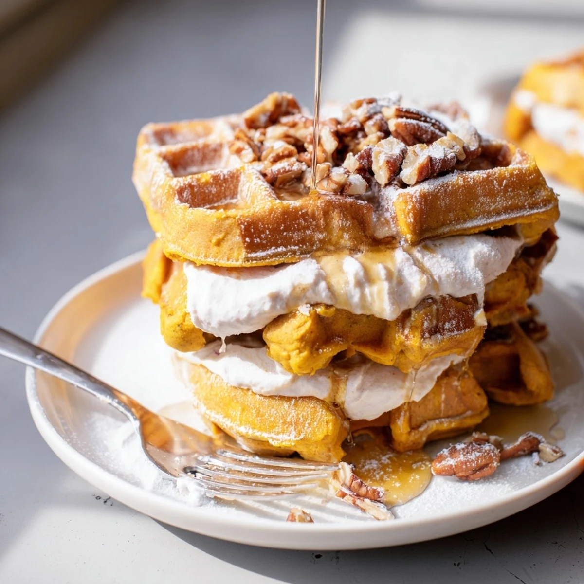 Fluffy Ricotta Pumpkin Waffle Stacks drizzled with maple syrup for a cozy brunch.  