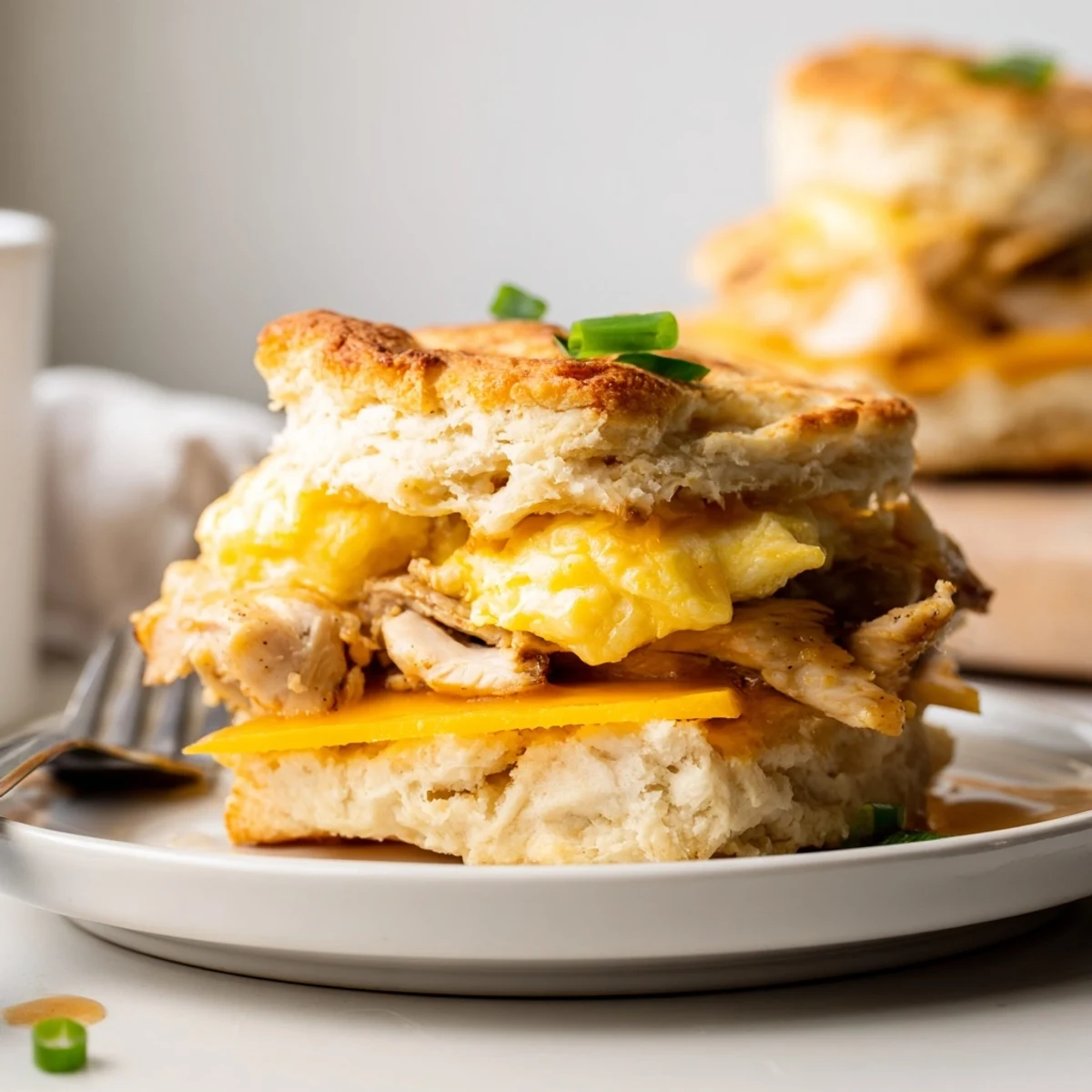 Fluffy Cajun Chicken Breakfast Biscuits filled with savory eggs and melted cheese.