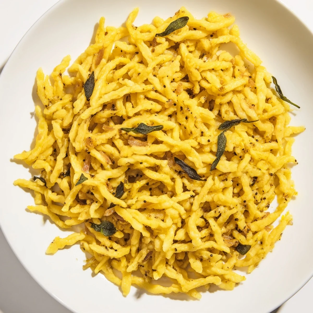 Golden Savory Pumpkin Spaetzle sizzling in butter, garnished with fresh herbs and spices.  