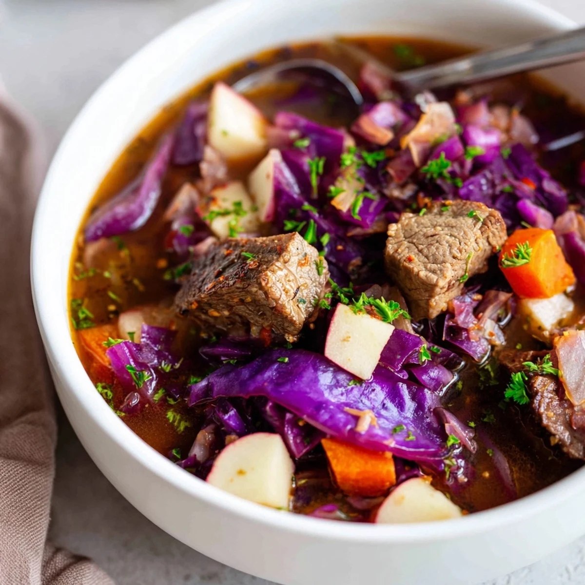 Aromatic Spiced Red Cabbage & Pork Stew simmering in a Dutch oven, rich and hearty.  