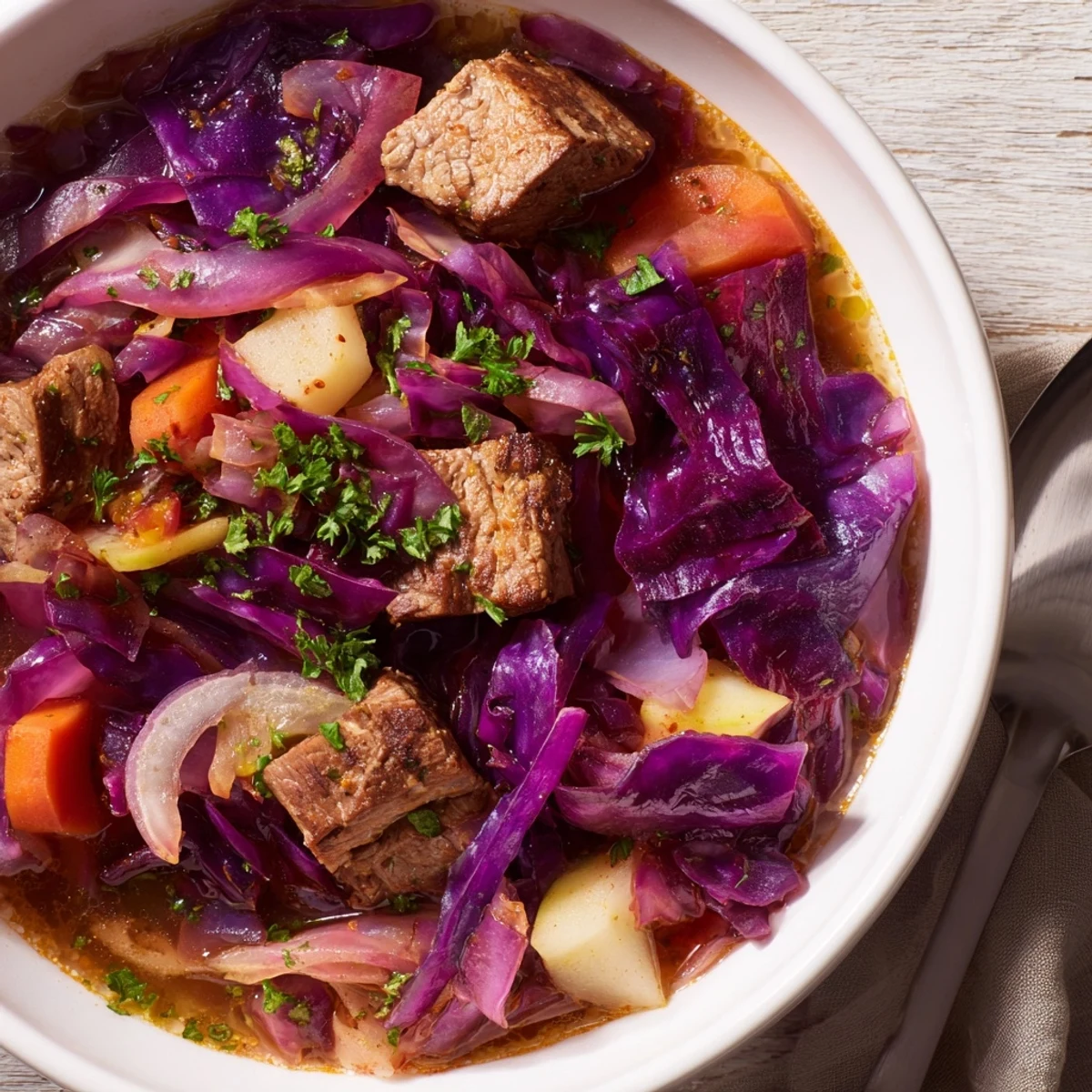 Tender pieces of pork in a vibrant Spiced Red Cabbage & Pork Stew with warming spices.  