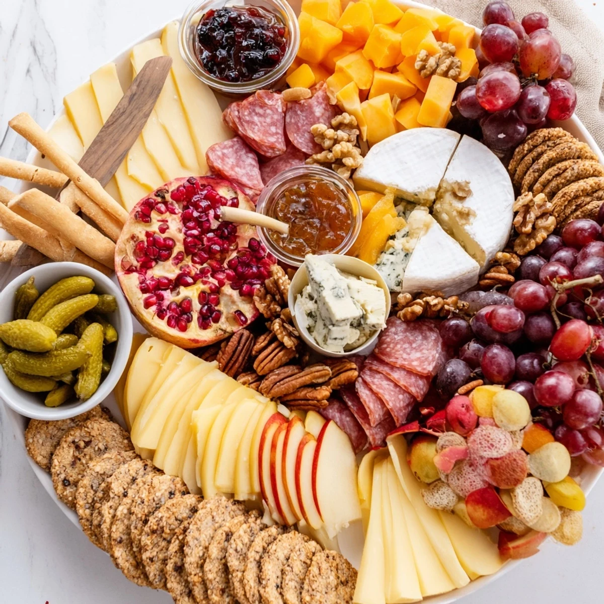 Autumn Cheese & Charcuterie Board elegantly arranged with seasonal fruits and assorted cheeses.  