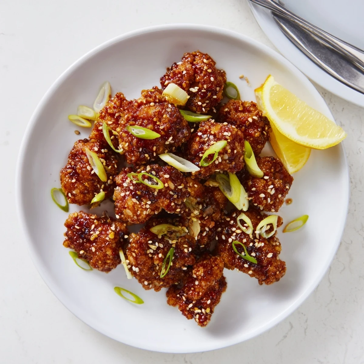 Golden-brown Japanese Karaage bites drizzled with a glossy sweet chili glaze and lemon.  