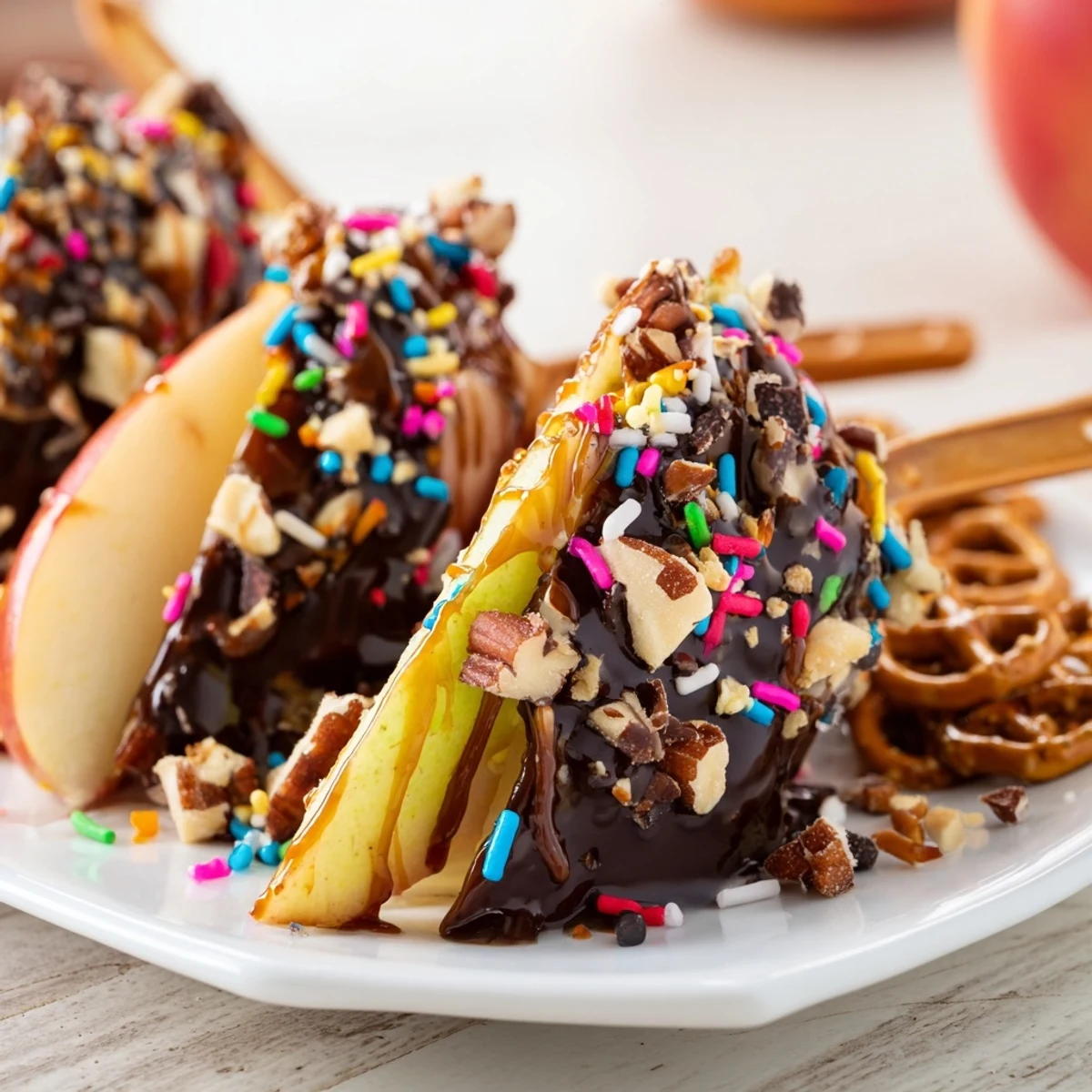 Crisp apple slices drizzled with caramel on a festive charcuterie board.  