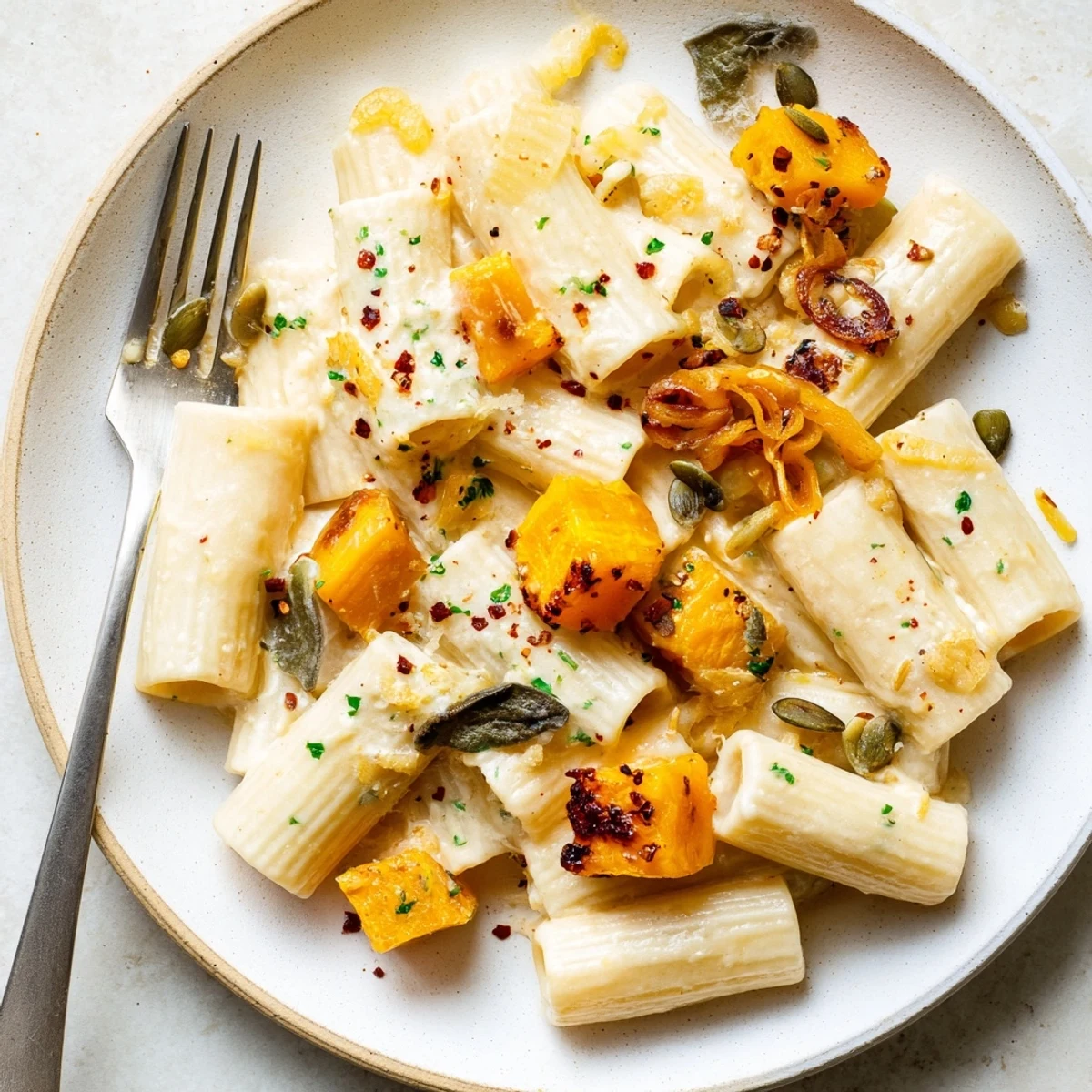 Creamy Miso Fall Pasta with Roasted Squash, garnished with fresh herbs and pumpkin seeds.  