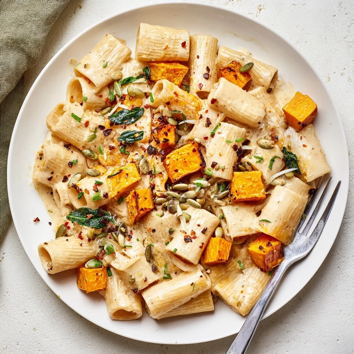 Indulge in creamy miso fall pasta paired with sweet roasted butternut squash.  