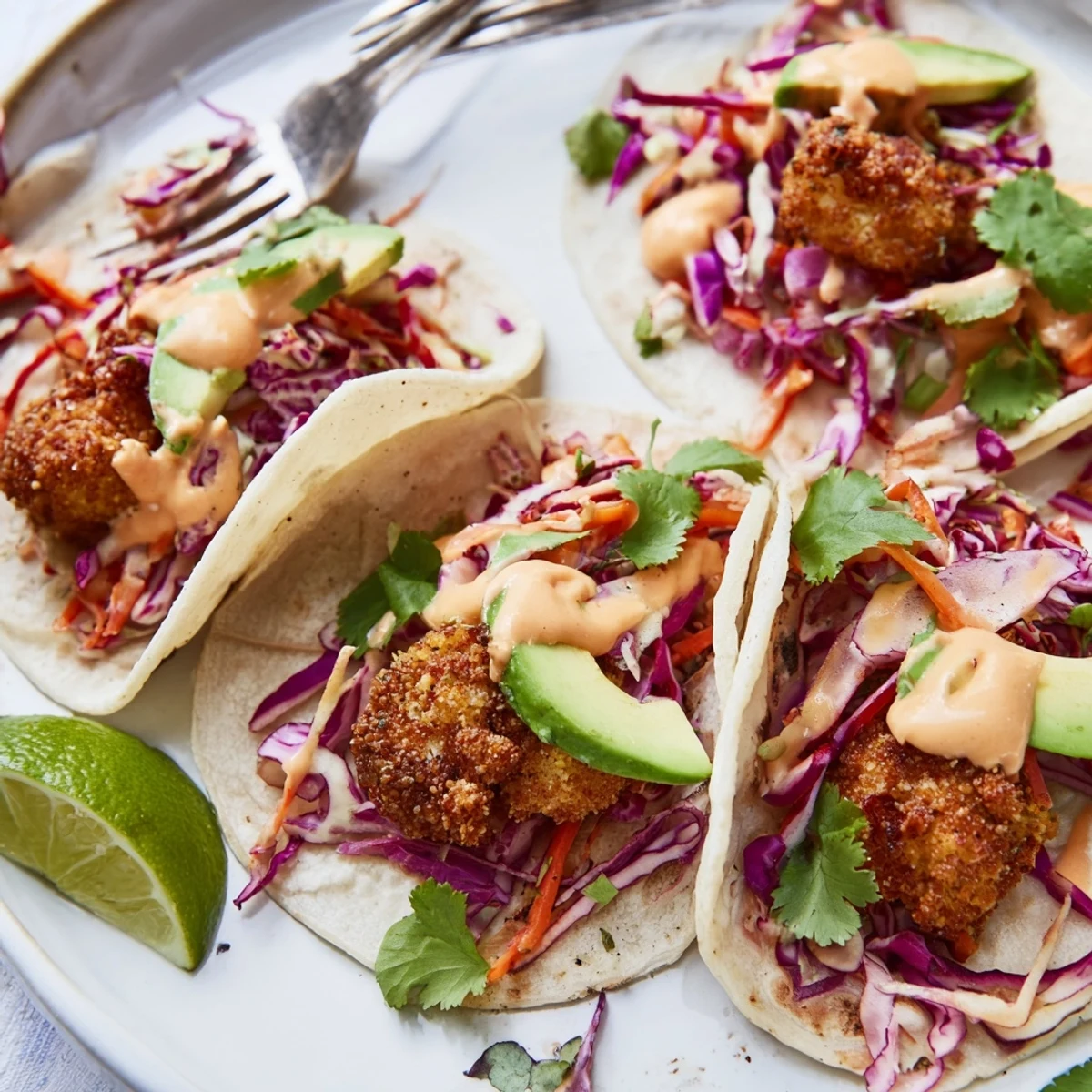 Crispy tempura cauliflower taco bites topped with creamy chipotle sauce and fresh slaw.  