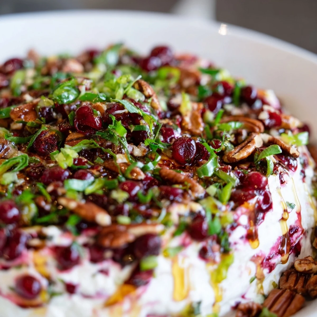 Creamy cranberry jalapeño dip topped with honey and pecans, ideal for snacking.  