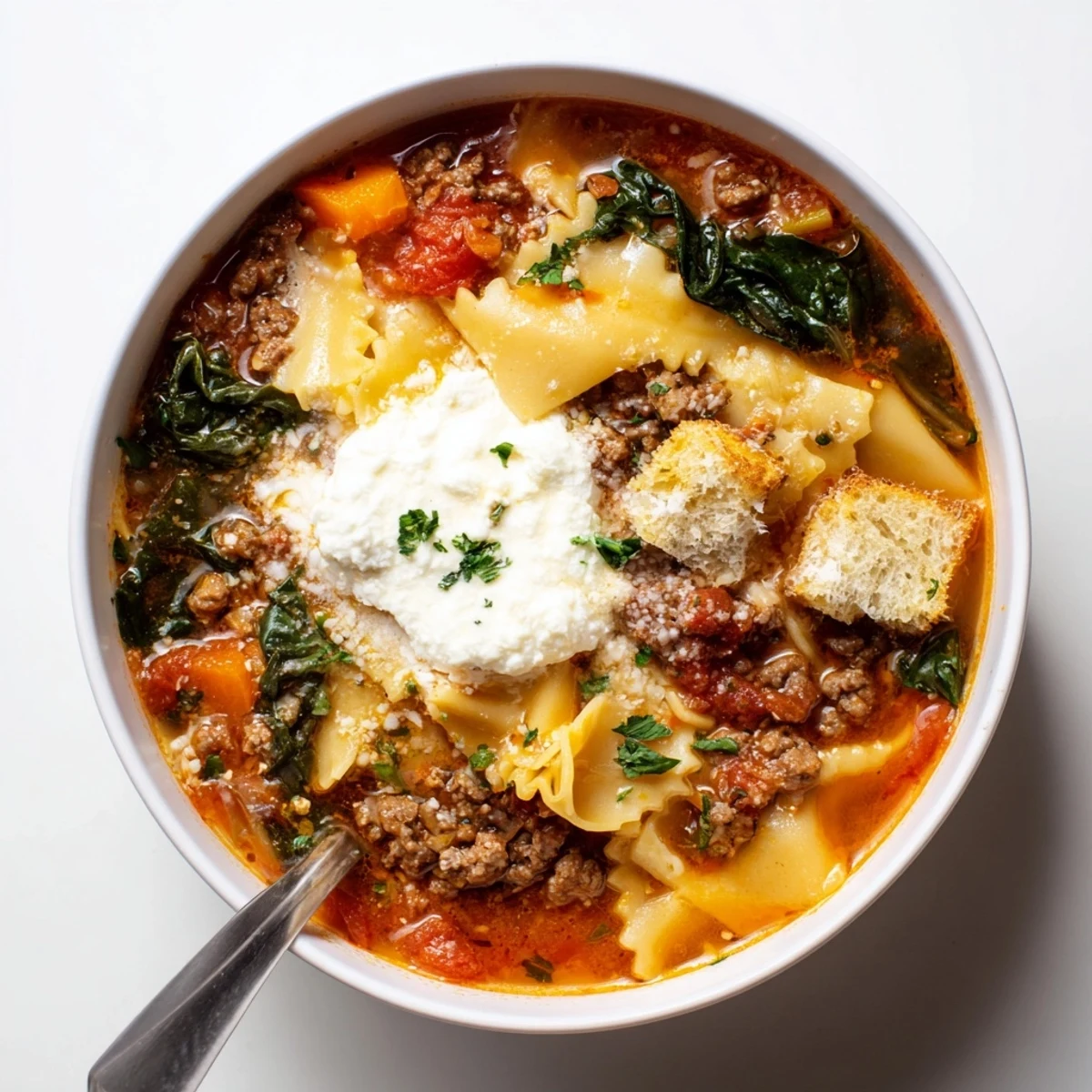 Hearty bowls of Lasagne Soup, topped with crunchy garlic croutons, bring comfort.  
