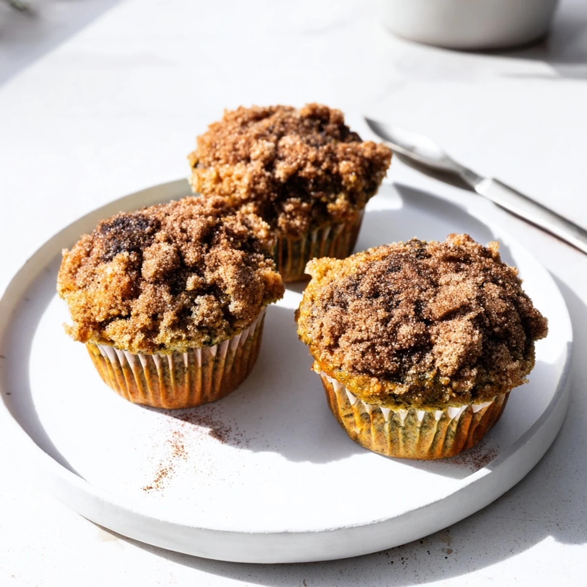 Moist matcha pumpkin muffins topped with buttery streusel, perfect for breakfast.