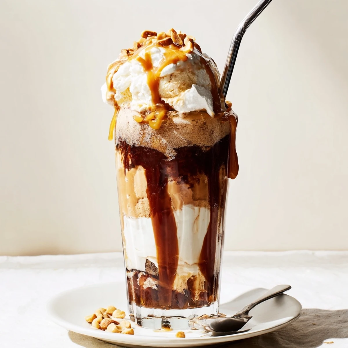 Indulgent Peanut Butter Bourbon Soda Float with fizzy cola and creamy vanilla ice cream.  